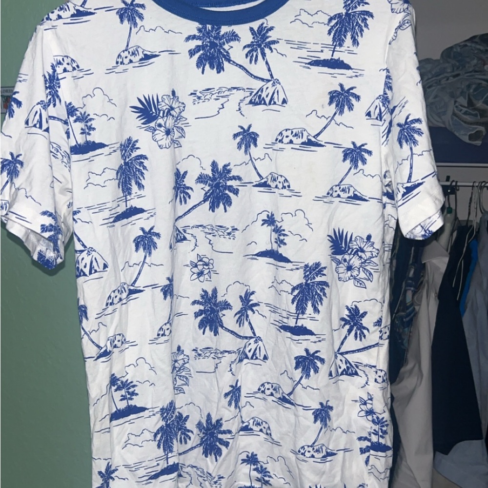 Blue and White Tropical Print Boy’s Shirt